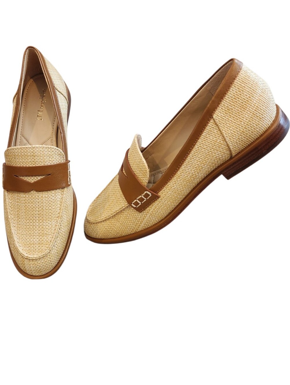 J McLaughlin Concetta Woven Raffia Penny Loafers Tan/Natural Two Tone Size 9.5